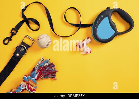 Toys -multi coloured rope, ball, leather leash and bone. Accessories for play and training on yellow background top view. Still life. Copy space. Flat Stock Photo