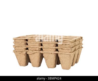 Stack of Biodegradable Seed Starter Pots for Gardening on White Background Stock Photo
