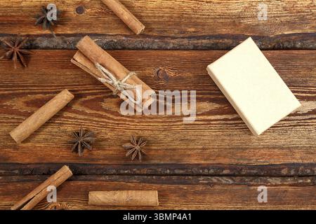 Gift Packed in eco-friendly biodegradable cardboard on dark old wooden background with blank space for text. top view. flat lay Stock Photo