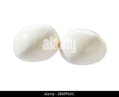 Two pieces of mozzarella Buffalo cheese balls isolated on white background. Stock Photo