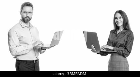 boss and employee has online. businesspeople in formalwear with laptop in office. Remote online working. Business team success. businesspeople isolate Stock Photo