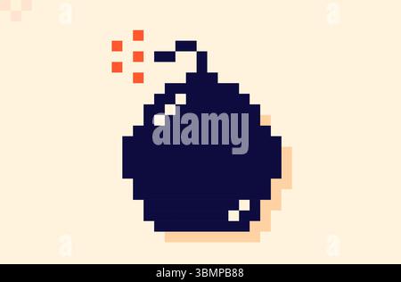 8-bit dark icon of a bomb with a burning fuse. Stock Vector