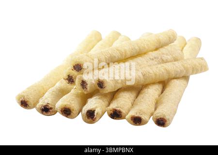 Airy crunchy corn sticks stuffed with chocolate and nut filling isolated on white background. Delicious sweet snack Stock Photo