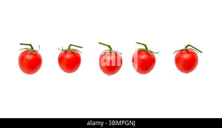 Row of small Cherry tomatoes isolated on white, clipping path Stock Photo
