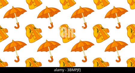 Seamless Raincoat Umbrella Pattern Design. Yellow raincoats and orange umbrellas in a seamless cartoon flat style. Warm colors, isolated on white back Stock Vector