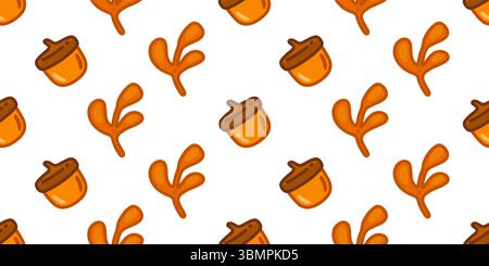 Seamless Acorn Twig Pattern Design. Acorns and orange twigs in a seamless cartoon flat style. Warm autumn colors, isolated on white background. Stock Vector