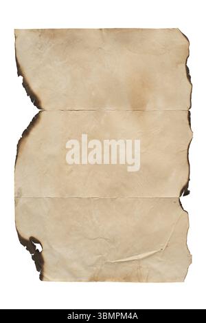Sheet of old grungy burnt crumpled paper isolated on white background Stock Photo