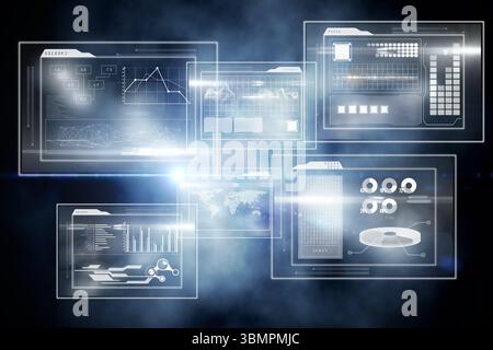 Displaying flat-design interface: charts, world map, data grid, circuit connectors amid blue smoke Stock Photo