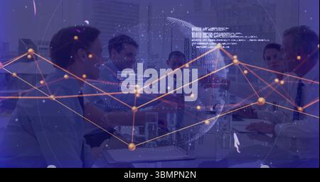 Collaborating business team tapping laptops and reviewing files in boardroom, with network overlay Stock Photo