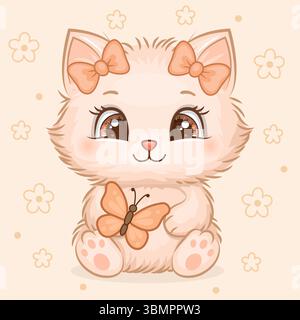 Adorable Fluffy Cartoon Cat character with hair bows and butterfly. Vector illustration in soft pastel tones of the animal. Stock Vector