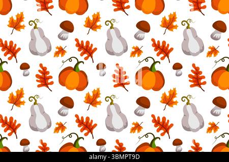 Autumn harvest seamless pattern. Vector illustration. Pumpkins, mushrooms, falling oak leaves, elements on white background. Stock Vector