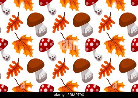 Autumn harvest seamless pattern. Vector illustration. Pumpkins, mushrooms, falling oak leaves, elements on white background. Stock Vector