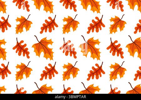 Autumn harvest seamless pattern. Vector illustration. Pumpkins, mushrooms, falling oak leaves, elements on white background. Stock Vector