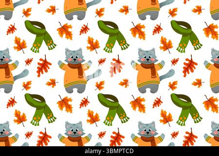 Autumn harvest seamless pattern. Vector illustration. Pumpkins, mushrooms, falling oak leaves, elements on white background. Stock Vector