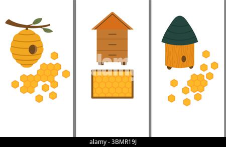 Vector set of vertical beekeeping banner. Collection of cards with beehive, honeycombs and copy space in vector flat style for postcards and articles Stock Vector