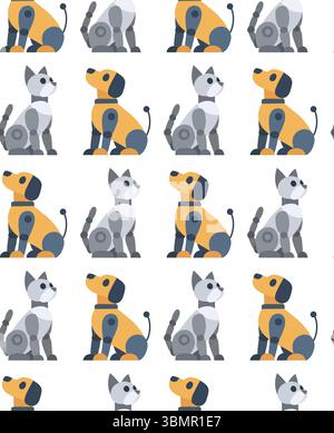 Vector seamless pattern with mechanical pets. Texture with robot dogs and robot cats on white background. Animals of the future for wallpaper Stock Vector