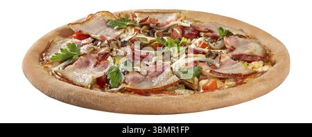 Closeup of delicious country style pizza with chicken fillet, slices of bacon and hunting sausages garnished with pickled cucumbers, mushrooms, onions Stock Photo