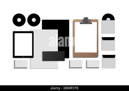 Blank Corporate ID. Set isolated on white. Consist of business cards, folder, tablet PC, envelopes, a4 letterheads, notebooks, flash, pencil, cd disk Stock Photo