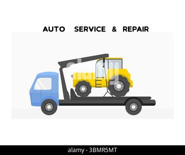 Tow truck carrying construction vehicle, concept of auto service and repair, suitable for background vector Stock Vector
