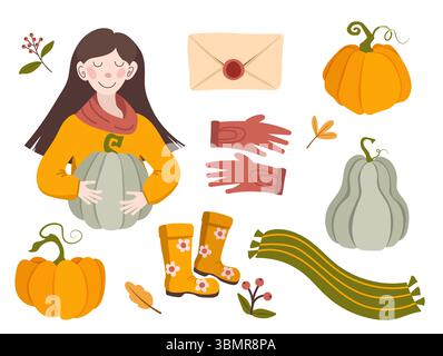 Vector autumn set. Cute girl in warm autumn clothes holding a pumpkin. Scarf, boots, gloves. Flat illustration in cartoon style. Stock Vector