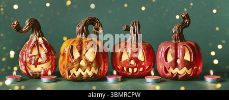Halloween diy ceramic pumpkins jack lantern, candles and bokeh lights on green banner Stock Photo