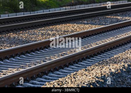 Two parallel tracks with rails, sleepers and wires Stock Photo - Alamy