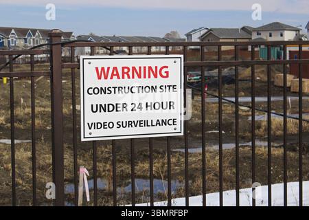 Warning construction site under 24 hour video surveillance Stock Photo
