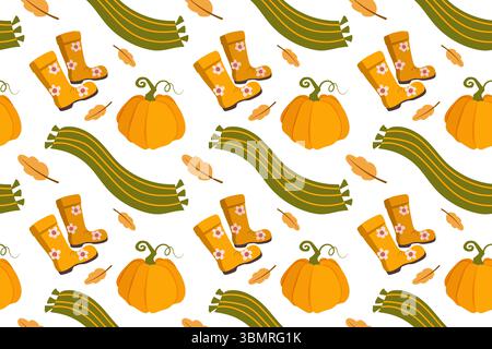 Vector autumn seamless patterns. Illustration with pumpkins, rubber boots, scarf and gloves. Use for paper, cover, gift wrap, fabric Stock Vector
