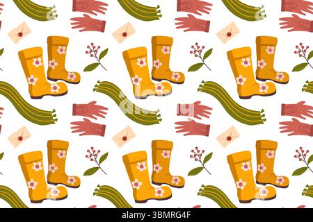 Vector autumn seamless patterns. Illustration with pumpkins, rubber boots, scarf and gloves. Use for paper, cover, gift wrap, fabric Stock Vector