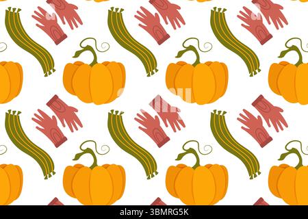 Vector autumn seamless patterns. Illustration with pumpkins, rubber boots, scarf and gloves. Use for paper, cover, gift wrap, fabric Stock Vector