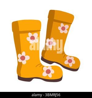 Vector illustration of cartoon orange rubber boots with floral pattern. Rubber boots for autumn rain. Accessory for autumn season. Stock Vector