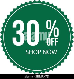 Green Scalloped Badge 30% Off Shop Now discount label advertisement banner Stock Vector
