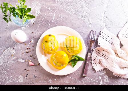 Baked pattypan squash , stuffed with cheese, Stock Photo
