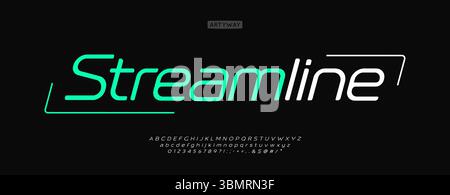 Rounded Futuristic Alphabet Sans Serif Cyber Sleek Font, Speed Technology Typeface with Rounded Italic Symbols. Minimalistic Letters Numbers Typeset Stock Vector