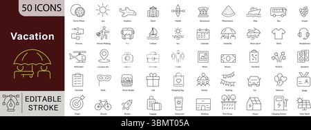 Vacation Travel Holiday Line Icons Set - 50 Editable Vector Symbols for Tourism Trip Adventure Leisure Design Projects Stock Vector