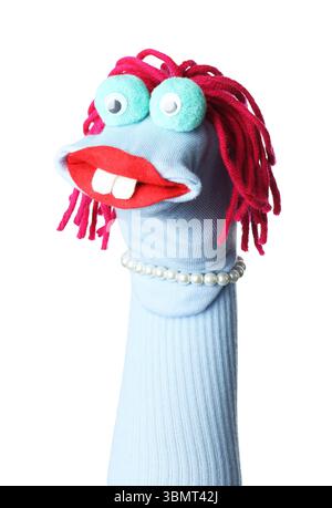 Funny sock puppet with hair isolated on white Stock Photo