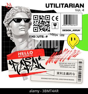 Eclectic vector collage featuring ancient statue in pixel sunglasses, graffiti name tag, and melting acid smiley. Bold mix of street art, digital rebellion, and brutalist style. Vector EPS10 graphics. Stock Vector