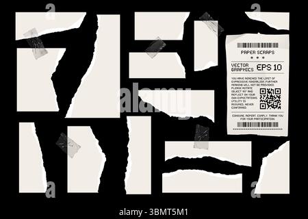White torn paper scraps and transparent duct tape pieces on black. Perfect for brutalist, punk, grunge, and utilitarian layouts. Great for headlines, posters, and raw compositions. Vector EPS10 graphics. Stock Vector