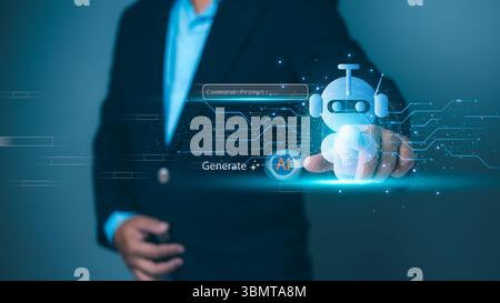 Person interacting with a glowing robot, AI integration, automation, future technology, artificial intelligence development. Machine learning, digital Stock Photo