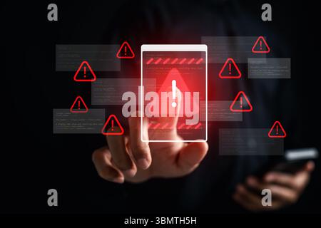 Cyber threat warning with red alert icons showing online danger. Stock Photo