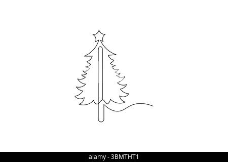 Continuous one line cute Christmas tree and star hand drawn outline vector doodle minimalist design Stock Vector