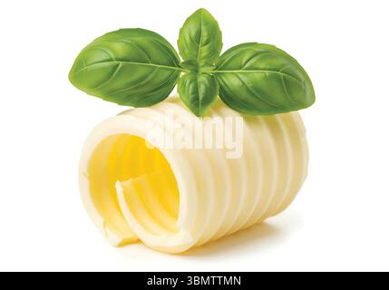 Butter Curls or Rolls with Fresh Basil Leaves Isolated on White Background Stock Vector