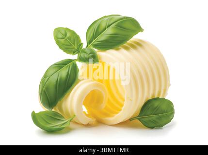 Butter Curls or Rolls with Fresh Basil Leaves Isolated on White Background Stock Vector