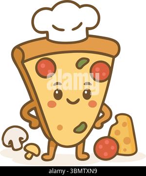 Adorable chef pizza slice character wearing a hat and holding ingredients Stock Vector