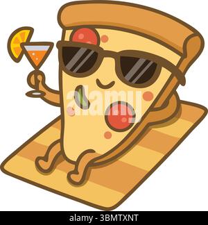 Relaxed pizza slice character enjoying a tropical cocktail by the beach Stock Vector