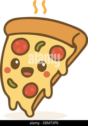 Warm hot melting cute pizza slice character with gooey cheese dripping Stock Vector