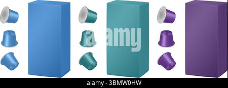 Set of teal green, blue and purple coffee capsules and cardboard packaging. Realistic packaging mockup of a box Stock Vector