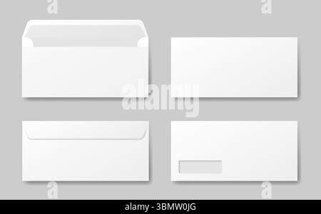 White envelope mockup. Front and back side. Open and closed envelopes. Business correspondence. Address window Stock Vector