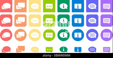 Set of speech bubble icons. Live chat or support, info. Set of multicolored round and square icons. Stock Vector