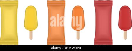 Set of yellow, orange and red flow packs. Popsicle ice cream wrapper. Foil bag. Realistic vector mockup Stock Vector